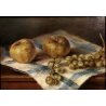 QUADRO OLIO Nino Belotti NATURA MORTA AUTUNNO  FRUTTA MELE GRAPPOLI UVA  '900