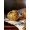 QUADRO OLIO Nino Belotti NATURA MORTA AUTUNNO  FRUTTA MELE GRAPPOLI UVA  '900