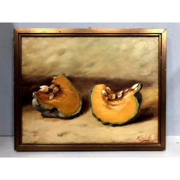 QUADRO DIPINTO OLIO TELA Nino Belotti NATURA MORTA AUTUNNO TAVOLO ZUCCA '900