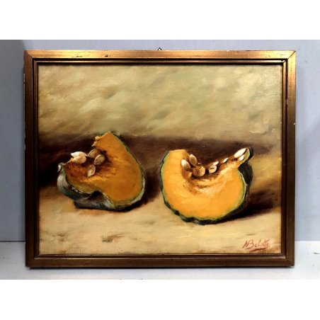 QUADRO DIPINTO OLIO TELA Nino Belotti NATURA MORTA AUTUNNO TAVOLO ZUCCA '900