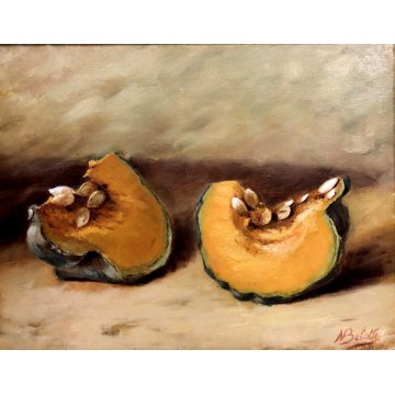 QUADRO DIPINTO OLIO TELA Nino Belotti NATURA MORTA AUTUNNO TAVOLO ZUCCA '900