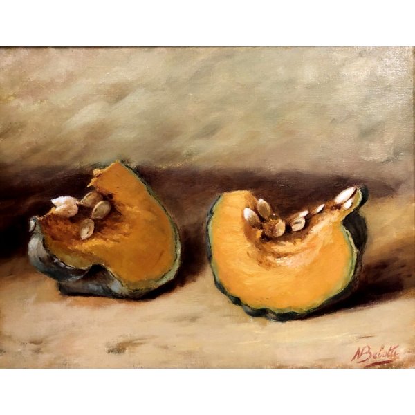 QUADRO DIPINTO OLIO TELA Nino Belotti NATURA MORTA AUTUNNO TAVOLO ZUCCA '900