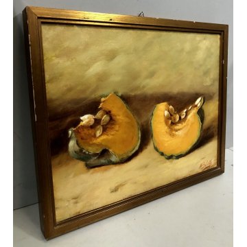 QUADRO DIPINTO OLIO TELA Nino Belotti NATURA MORTA AUTUNNO TAVOLO ZUCCA '900