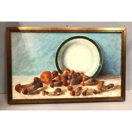 QUADRO OLIO Nino Belotti NATURA MORTA COMPOSIZIONE FUNGHI PORCINI PIATTO '900