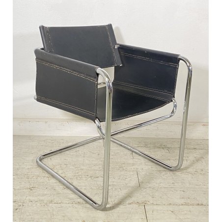 SEDIA DESIGN POLTRONA CUOIO VINTAGE ANNI 50 ACCIAIO CROMATO SCHIENALE