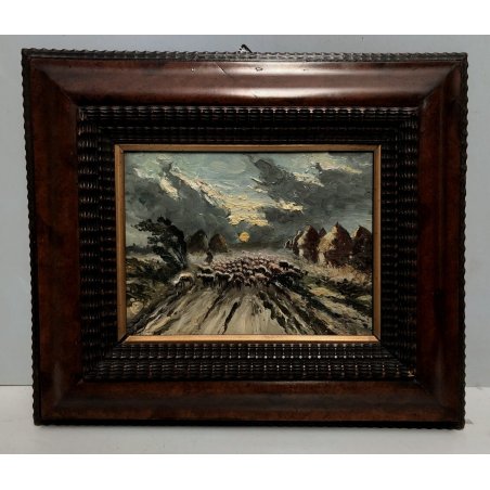 ANTICO QUADRO DIPINTO OLIO TAVOLA PAESAGGIO RURALE GREGGE NOTTURNO EPOCA '800