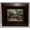 ANTICO QUADRO DIPINTO OLIO TAVOLA PAESAGGIO RURALE GREGGE NOTTURNO EPOCA '800
