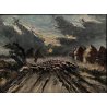 ANTICO QUADRO DIPINTO OLIO TAVOLA PAESAGGIO RURALE GREGGE NOTTURNO EPOCA '800