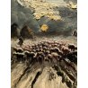 ANTICO QUADRO DIPINTO OLIO TAVOLA PAESAGGIO RURALE GREGGE NOTTURNO EPOCA '800