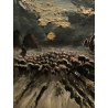 ANTICO QUADRO DIPINTO OLIO TAVOLA PAESAGGIO RURALE GREGGE NOTTURNO EPOCA '800