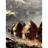 ANTICO QUADRO DIPINTO OLIO TAVOLA PAESAGGIO RURALE GREGGE NOTTURNO EPOCA '800