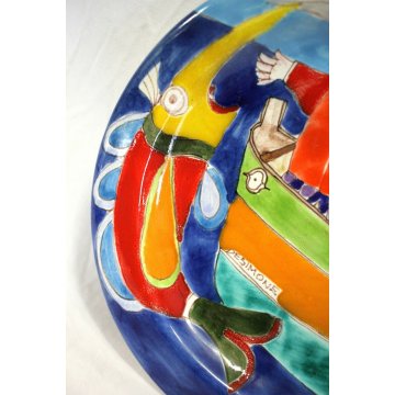  PIATTO PARATA CERAMICA SMALTATA POLICROMA De Simone SICILIA PESCA TONNO 1990