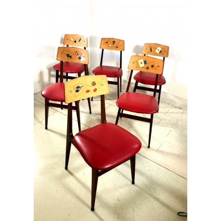 SET 6 SEDIA VINTAGE per TAVOLO GIOCO SEDUTA ROSSO SCHIENALE DECORATO DESIGN '60s