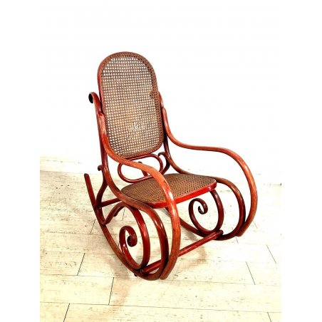 ANTICA SEDIA a DONDOLO VINTAGE STILE THONET LEGNO CURVATO ROSSO INCANNUCCIATA 