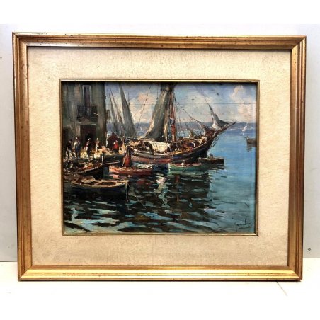 ANTICO QUADRO DIPINTO OLIO PAESAGGIO MARINA PORTO MOLO PESCHERECCI PESCATORI