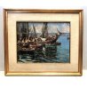 ANTICO QUADRO DIPINTO OLIO PAESAGGIO MARINA PORTO MOLO PESCHERECCI PESCATORI