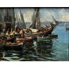 ANTICO QUADRO DIPINTO OLIO PAESAGGIO MARINA PORTO MOLO PESCHERECCI PESCATORI