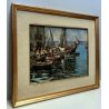 ANTICO QUADRO DIPINTO OLIO PAESAGGIO MARINA PORTO MOLO PESCHERECCI PESCATORI