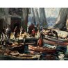 ANTICO QUADRO DIPINTO OLIO PAESAGGIO MARINA PORTO MOLO PESCHERECCI PESCATORI