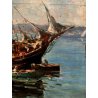 ANTICO QUADRO DIPINTO OLIO PAESAGGIO MARINA PORTO MOLO PESCHERECCI PESCATORI