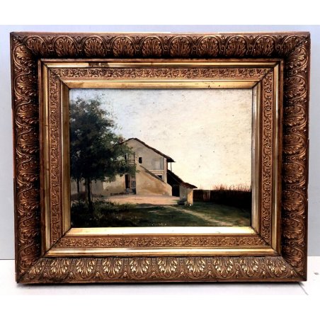 ANTICO QUADRO DIPINTO OLIO PAESAGGIO RURALE CASCINA CAMPAGNA CORTILE FONTANA 800