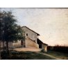 ANTICO QUADRO DIPINTO OLIO PAESAGGIO RURALE CASCINA CAMPAGNA CORTILE FONTANA 800