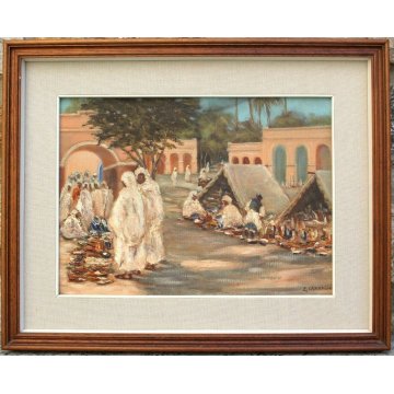 ANTICO QUADRO Ermes Carnaghi  OLIO TAVOLA 1935 MERCATO SUK EL GIUMA LIBIA MARKET