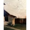 ANTICO QUADRO DIPINTO OLIO PAESAGGIO RURALE CASCINA CAMPAGNA CORTILE FONTANA 800
