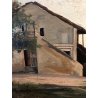 ANTICO QUADRO DIPINTO OLIO PAESAGGIO RURALE CASCINA CAMPAGNA CORTILE FONTANA 800