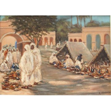 ANTICO QUADRO Ermes Carnaghi  OLIO TAVOLA 1935 MERCATO SUK EL GIUMA LIBIA MARKET