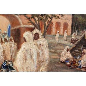 ANTICO QUADRO Ermes Carnaghi  OLIO TAVOLA 1935 MERCATO SUK EL GIUMA LIBIA MARKET