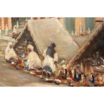ANTICO QUADRO Ermes Carnaghi  OLIO TAVOLA 1935 MERCATO SUK EL GIUMA LIBIA MARKET