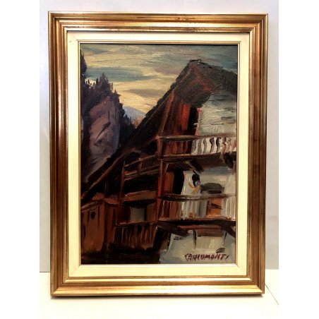QUADRO OLIO TELA Carlo Monti  SCORCIO PAESAGGIO MONTANO BORGO BAITA ARONA