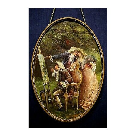 ANTICO DIPINTO OVALE Umberto Zini RITRATTO SCENA ROMANTICA GIARDINO VENEZIA 800