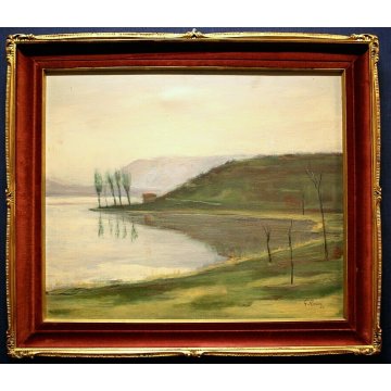 QUADRO DIPINTO OLIO TELA G. Rossi PAESAGGIO LACUSTRE CASALE PROMONTORIO 1953 