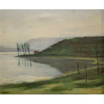 QUADRO DIPINTO OLIO TELA G. Rossi PAESAGGIO LACUSTRE CASALE PROMONTORIO 1953 
