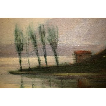 QUADRO DIPINTO OLIO TELA G. Rossi PAESAGGIO LACUSTRE CASALE