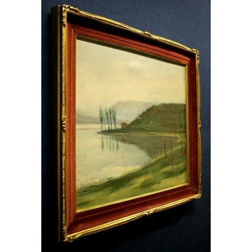 QUADRO DIPINTO OLIO TELA G. Rossi PAESAGGIO LACUSTRE CASALE PROMONTORIO 1953 