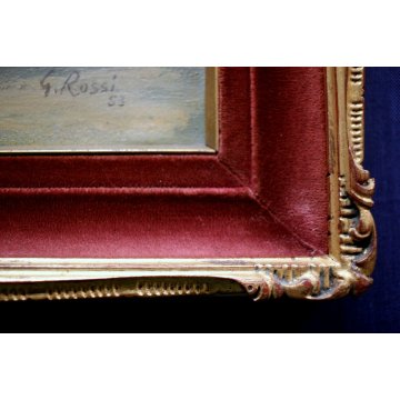 QUADRO DIPINTO OLIO TELA G. Rossi PAESAGGIO LACUSTRE CASALE PROMONTORIO 1953 