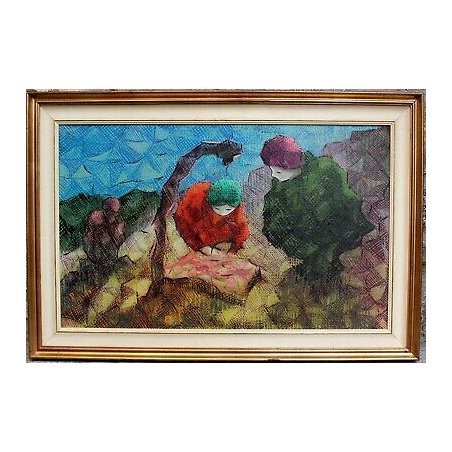 GRANDE QUADRO OLIO TELA Pasquale Pilla 900 PAESAGGIO ASTRATTO FIGURE FEMMINILI  