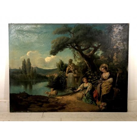 ANTICO DIPINTO OLIO TELA S. Lampugnani PAESAGGIO VEDUTA GIARDINO VILLA DAME '900