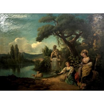 ANTICO DIPINTO OLIO TELA S. Lampugnani PAESAGGIO VEDUTA GIARDINO VILLA DAME '900