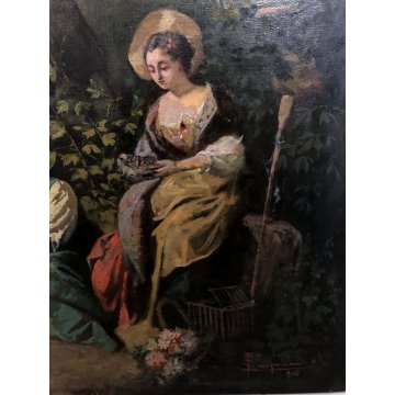 ANTICO DIPINTO OLIO TELA S. Lampugnani PAESAGGIO VEDUTA GIARDINO VILLA DAME '900