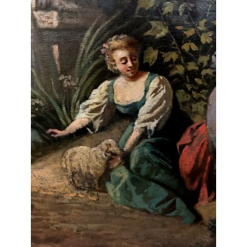 ANTICO DIPINTO OLIO TELA S. Lampugnani PAESAGGIO VEDUTA GIARDINO VILLA DAME '900