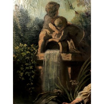 ANTICO DIPINTO OLIO TELA S. Lampugnani PAESAGGIO VEDUTA GIARDINO VILLA DAME '900
