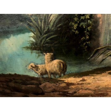 ANTICO DIPINTO OLIO TELA S. Lampugnani PAESAGGIO VEDUTA GIARDINO VILLA DAME '900