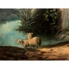 ANTICO DIPINTO OLIO TELA S. Lampugnani PAESAGGIO VEDUTA GIARDINO VILLA DAME '900