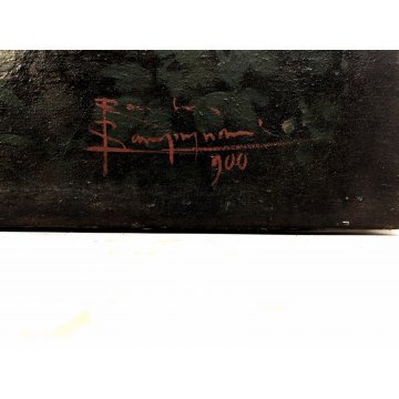ANTICO DIPINTO OLIO TELA S. Lampugnani PAESAGGIO VEDUTA GIARDINO VILLA DAME '900
