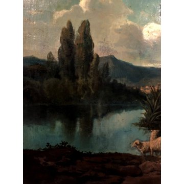 ANTICO DIPINTO OLIO TELA S. Lampugnani PAESAGGIO VEDUTA GIARDINO VILLA DAME '900