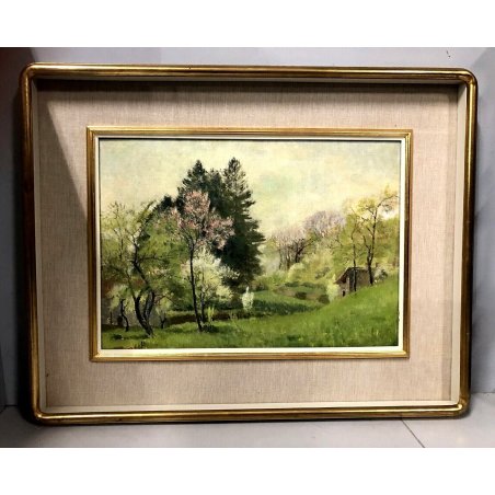 QUADRO DIPINTO OLIO TAVOLA Alfonso Corradi "Primavera a Baveno" PAESAGGIO VALLE 